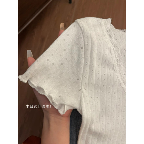 甜美少女感蕾絲花邊T恤女2025夏季純欲芭蕾風上衣木耳邊白色短袖