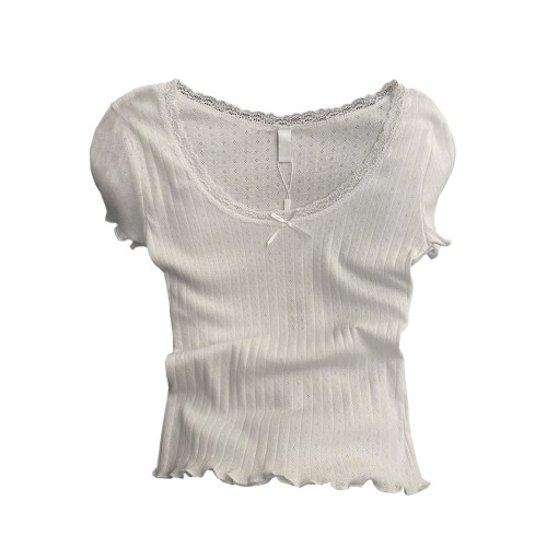 甜美少女感蕾絲花邊T恤女2025夏季純欲芭蕾風上衣木耳邊白色短袖