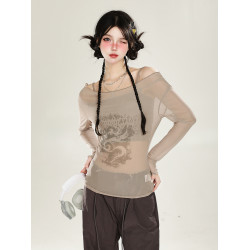 美式紅色甜辣妹一字肩網紗罩衫女秋季薄防曬兩件套裝露肩長袖上衣