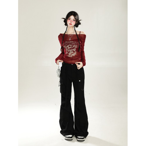 美式紅色甜辣妹一字肩網紗罩衫女秋季薄防曬兩件套裝露肩長袖上衣