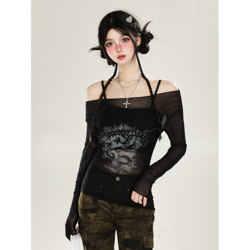 美式紅色甜辣妹一字肩網紗罩衫女秋季薄防曬兩件套裝露肩長袖上衣