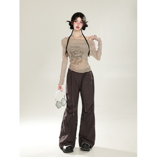 美式紅色甜辣妹一字肩網紗罩衫女秋季薄防曬兩件套裝露肩長袖上衣