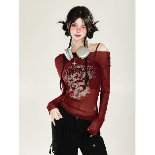 美式紅色甜辣妹一字肩網紗罩衫女秋季薄防曬兩件套裝露肩長袖上衣