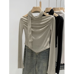 辣妹一字領顯瘦短款長袖t恤女春秋季2025新款打底衫上衣圍巾套裝