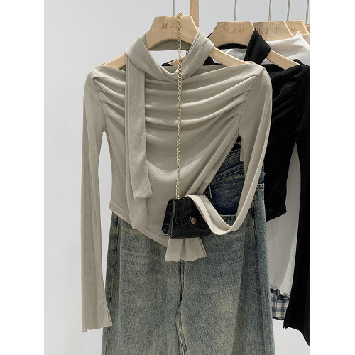 辣妹一字領顯瘦短款長袖t恤女春秋季2025新款打底衫上衣圍巾套裝