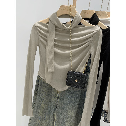 辣妹一字領顯瘦短款長袖t恤女春秋季2025新款打底衫上衣圍巾套裝