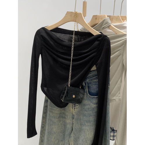 辣妹一字領顯瘦短款長袖t恤女春秋季2025新款打底衫上衣圍巾套裝