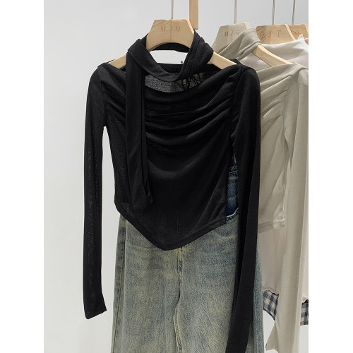 辣妹一字領顯瘦短款長袖t恤女春秋季2025新款打底衫上衣圍巾套裝