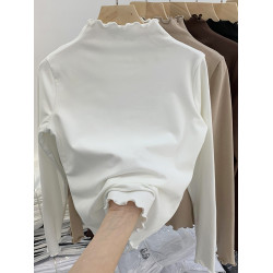 半高領德絨打底衫女春秋冬季洋氣內搭加絨一體絨長袖木耳邊上衣潮