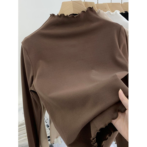 半高領德絨打底衫女春秋冬季洋氣內搭加絨一體絨長袖木耳邊上衣潮