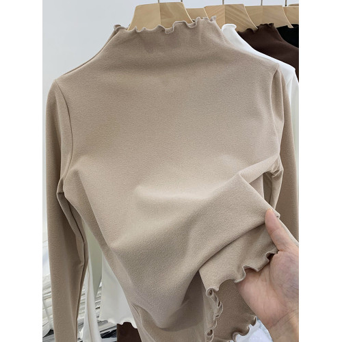 半高領德絨打底衫女春秋冬季洋氣內搭加絨一體絨長袖木耳邊上衣潮