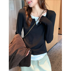 假兩件打底衫女2025春秋季新款長袖T恤修身顯瘦撞色拼接內搭上衣