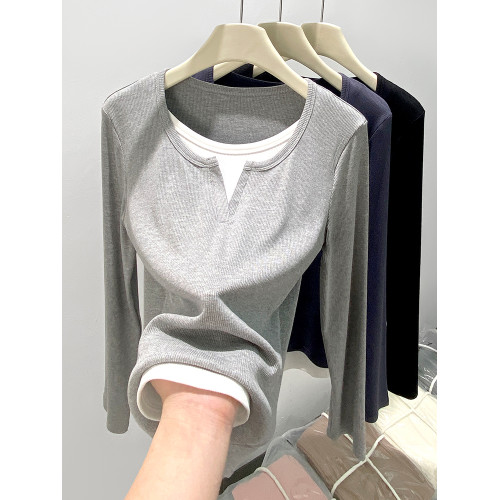 假兩件打底衫女2025春秋季新款長袖T恤修身顯瘦撞色拼接內搭上衣