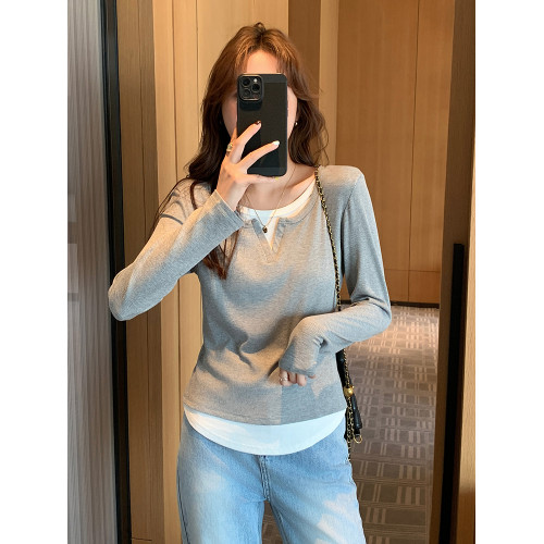 假兩件打底衫女2025春秋季新款長袖T恤修身顯瘦撞色拼接內搭上衣