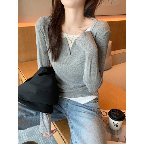 假兩件打底衫女2025春秋季新款長袖T恤修身顯瘦撞色拼接內搭上衣