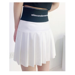 彈力松緊腰百褶裙女春夏字母收腹半身裙黑色高腰顯瘦a字抗皺短裙