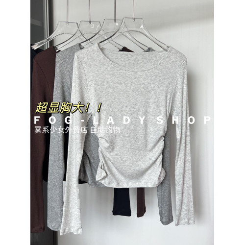 顯胸-韓系修身t恤高級感短款運動上衣長袖瑜珈服跑步輕薄健身服新