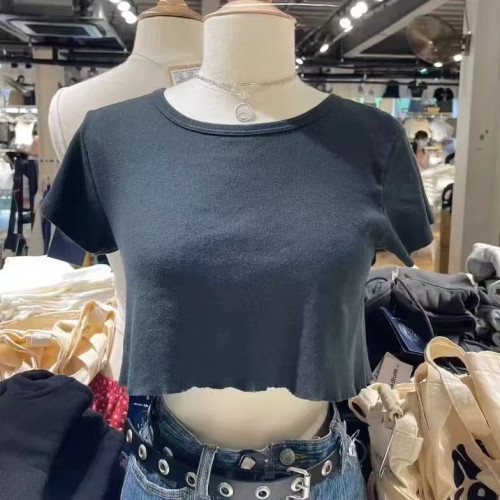 Brandy BM美式超短漏腰白T恤女bm百搭顯瘦純色短袖辣妹風上衣夏潮