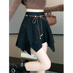 美式復古咖色麂皮高腰半身裙女早秋設計感不規則顯瘦a字包臀短裙