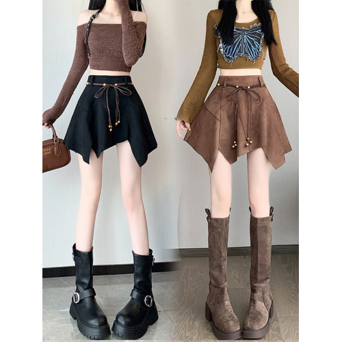 美式復古咖色麂皮高腰半身裙女早秋設計感不規則顯瘦a字包臀短裙 美式復古咖色麂皮高腰半身裙女早秋設計感不規則顯瘦a字包臀短裙