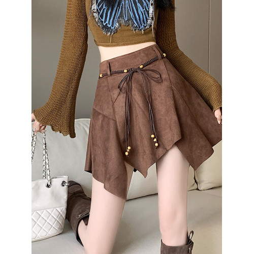 美式復古咖色麂皮高腰半身裙女早秋設計感不規則顯瘦a字包臀短裙 美式復古咖色麂皮高腰半身裙女早秋設計感不規則顯瘦a字包臀短裙