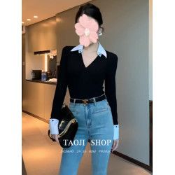 設計感撞色拼接翻領內搭上衣女秋季新款高級感修身長袖打底衫t恤