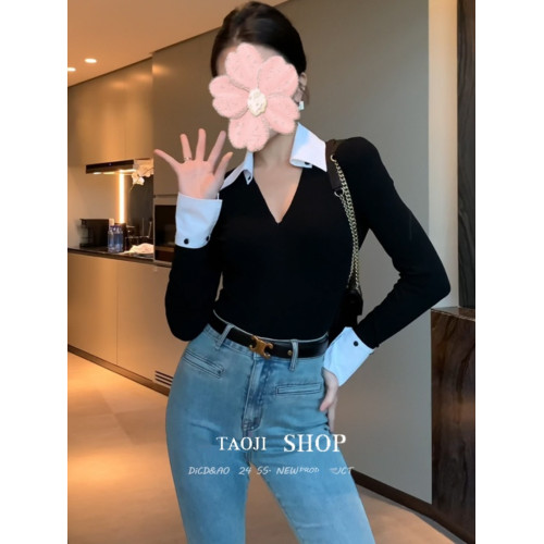 設計感撞色拼接翻領內搭上衣女秋季新款高級感修身長袖打底衫t恤