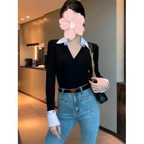 設計感撞色拼接翻領內搭上衣女秋季新款高級感修身長袖打底衫t恤