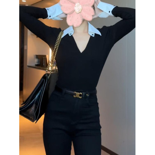 設計感撞色拼接翻領內搭上衣女秋季新款高級感修身長袖打底衫t恤