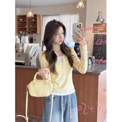 設計感小衆別致長袖T恤女春秋修身韓版短款假兩件上衣內搭打底衫