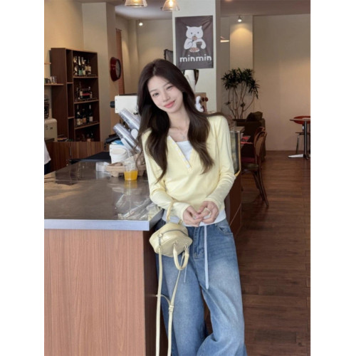 設計感小衆別致長袖T恤女春秋修身韓版短款假兩件上衣內搭打底衫