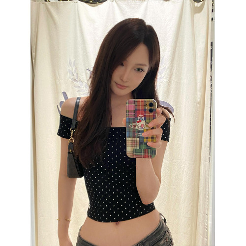 一字領波點短袖t恤女2024夏季新款純欲辣妹修身顯瘦露肩短款上衣