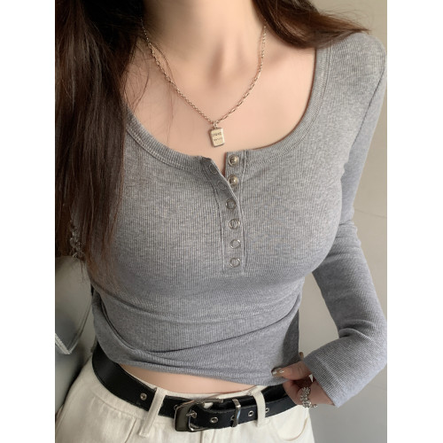 t恤長袖女秋冬2025新款藍色打底衫內搭修身正肩螺紋紐釦純棉上衣