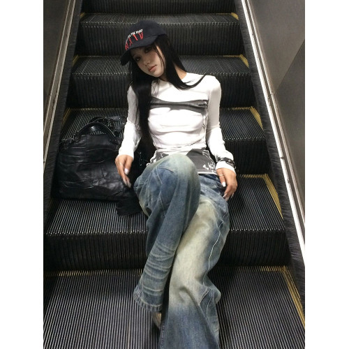 y2k美式復古辣妹長袖t恤女早秋季緊身內搭獨特絕美短款打底衫上衣