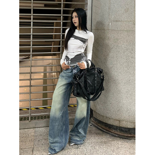 y2k美式復古辣妹長袖t恤女早秋季緊身內搭獨特絕美短款打底衫上衣