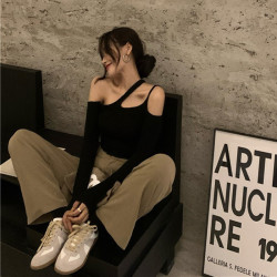 一字肩鎖骨上衣露肩設計感長袖T恤女秋季純欲性感辣妹黑色打底衫