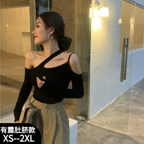 一字肩鎖骨上衣露肩設計感長袖T恤女秋季純欲性感辣妹黑色打底衫