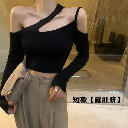 一字肩鎖骨上衣露肩設計感長袖T恤女秋季純欲性感辣妹黑色打底衫