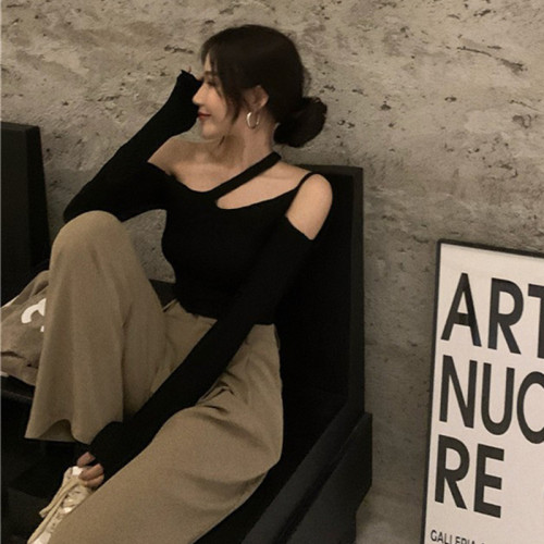 一字肩鎖骨上衣露肩設計感長袖T恤女秋季純欲性感辣妹黑色打底衫