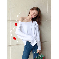 設計感克萊因藍t恤女露肩長袖莫代爾一字大領口寶藍斜肩上衣寬松