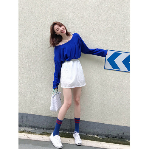 設計感克萊因藍t恤女露肩長袖莫代爾一字大領口寶藍斜肩上衣寬松