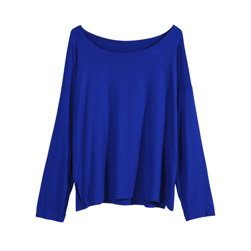 設計感克萊因藍t恤女露肩長袖莫代爾一字大領口寶藍斜肩上衣寬松