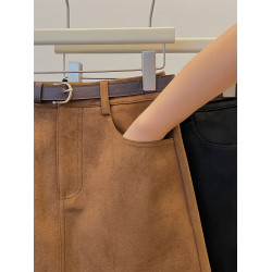 復古棕色麂皮絨半身裙女秋冬胖mm百搭口袋包臀裙高腰顯瘦a字短裙