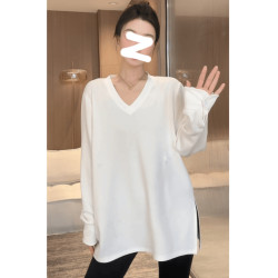 收腰長袖V領T恤2025秋季大碼胖MM純色慵懶寬松百搭長袖新款上衣女