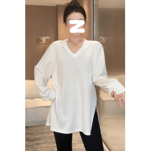 收腰長袖V領T恤2025秋季大碼胖MM純色慵懶寬松百搭長袖新款上衣女 收腰長袖V領T恤2025秋季大碼胖MM純色慵懶寬松百搭長袖新款上衣女