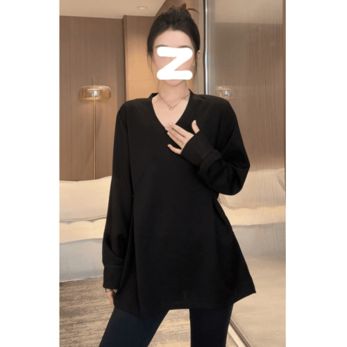 收腰長袖V領T恤2025秋季大碼胖MM純色慵懶寬松百搭長袖新款上衣女 收腰長袖V領T恤2025秋季大碼胖MM純色慵懶寬松百搭長袖新款上衣女