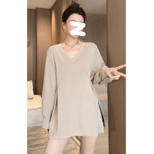 收腰長袖V領T恤2025秋季大碼胖MM純色慵懶寬松百搭長袖新款上衣女 收腰長袖V領T恤2025秋季大碼胖MM純色慵懶寬松百搭長袖新款上衣女