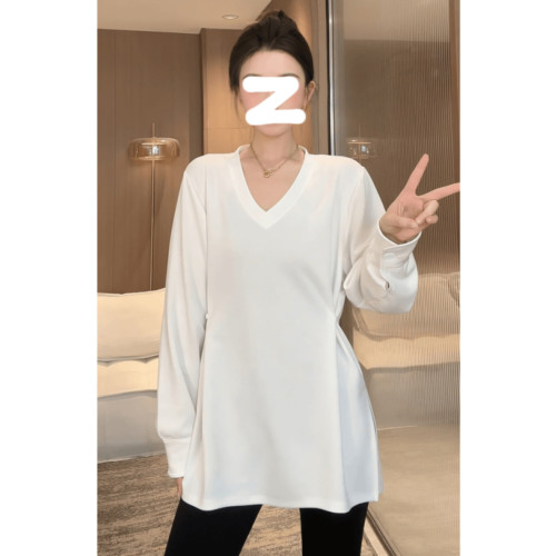 收腰長袖V領T恤2025秋季大碼胖MM純色慵懶寬松百搭長袖新款上衣女 收腰長袖V領T恤2025秋季大碼胖MM純色慵懶寬松百搭長袖新款上衣女