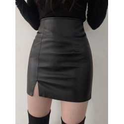 黑色開叉小皮裙半身裙女秋冬新款緊身高腰包臀顯瘦一步裙PU皮短裙