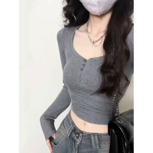 設計感小衆純棉v領長袖t恤女春秋內搭短款打底衫辣妹修身顯瘦上衣 設計感小衆純棉v領長袖t恤女春秋內搭短款打底衫辣妹修身顯瘦上衣